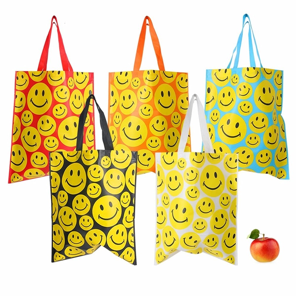 Bulk 25 Pack Smiley Face Reusable Shopping Tote Bags – 15×16 Inch Multicolor …