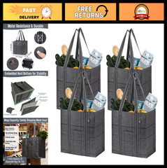 4 Pack Reusable Grocery Bags with Hard Bottom | Heavy-Duty Shopping Cart Bags