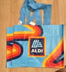 ALDI Large Foldable Reusable Shopping Bags Blue Retro Design Set of 2 NEW