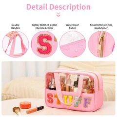 eurovicky Chenille Letter Patch Clear Carry-on 11.4inch, Sweet Pink-STUFF