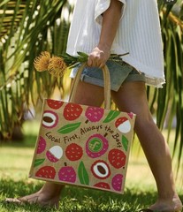 NWOT Foodland Hawaii Fruit Jute Lychee Print Tote Bag Perfect for Grocery Beach