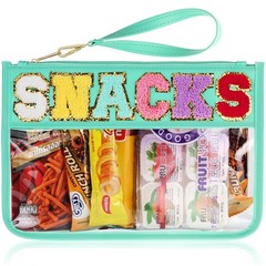 Snack Bag for Travel – Clear Chenille Varsity Letter Flat Large, Snack-Green