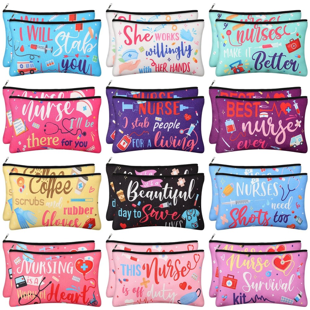 Capoda 24 Pieces Nurses Makeup Bags Bulk 9.3 x 5.9 inches, Multicolor