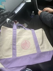 Trader Joe’s Foldable Canvas Reusable Shopping Bag Beige Purple Solid Tote