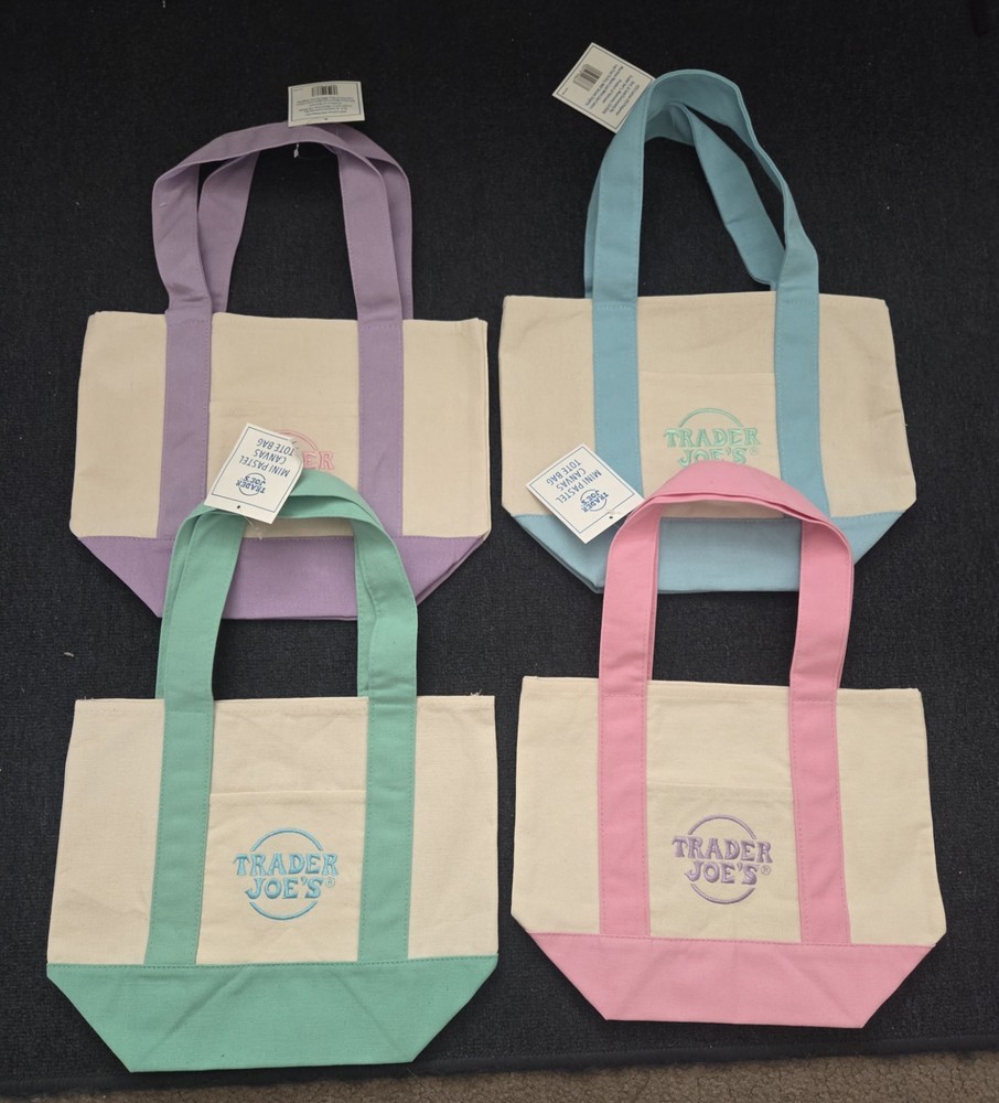 Trader Joe’s Mini Canvas Tote Bags Lot of 4 Pastel Colors New Pink Blue Green…