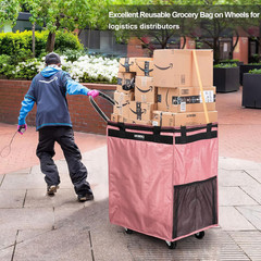 (Medium,Pink) Reusable Grocery Bag on Wheels, 70L Foldable Rolling Tote,Extra St