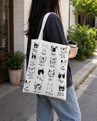 Canvas Cat Breeds Tote Bag Cotton Eco Shopping Book Bag Black White Cats Art