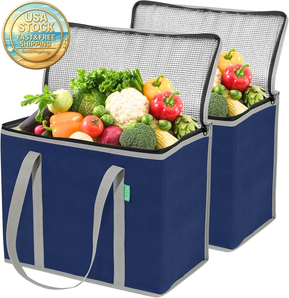 Insulated Reusable Grocery Bags XL 2-Pack Navy Blue Zipper Top Hard Bottom