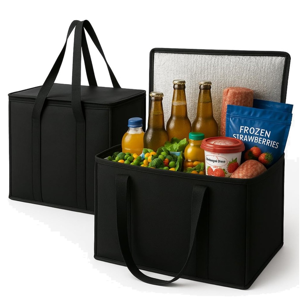 XL Insulated Shopping Bags 2-Pack, Black, Zipper Closure