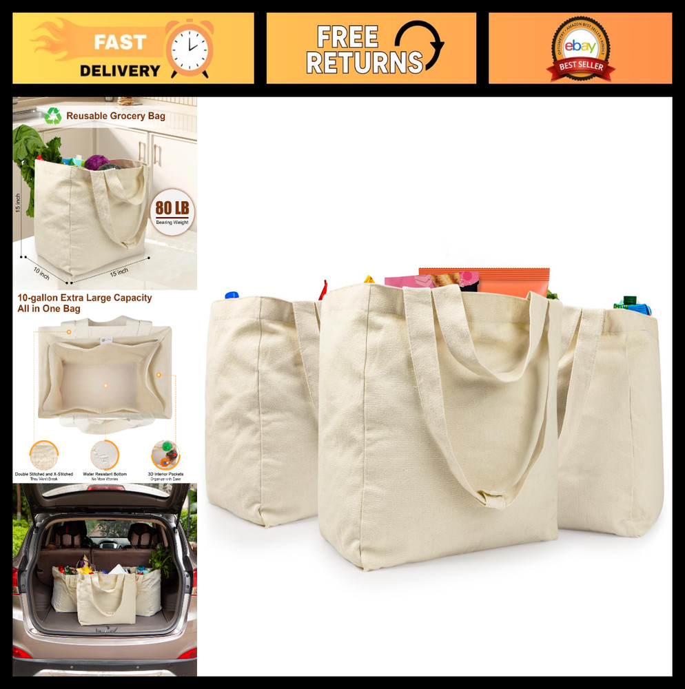 Large Reusable Canvas Grocery Bags (3pc XL) – Heavy Duty, Washable, Dual Handles