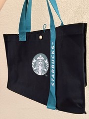 Starbucks Reusable Foldable Canvas Shopping Bag Black Teal Handles Logo