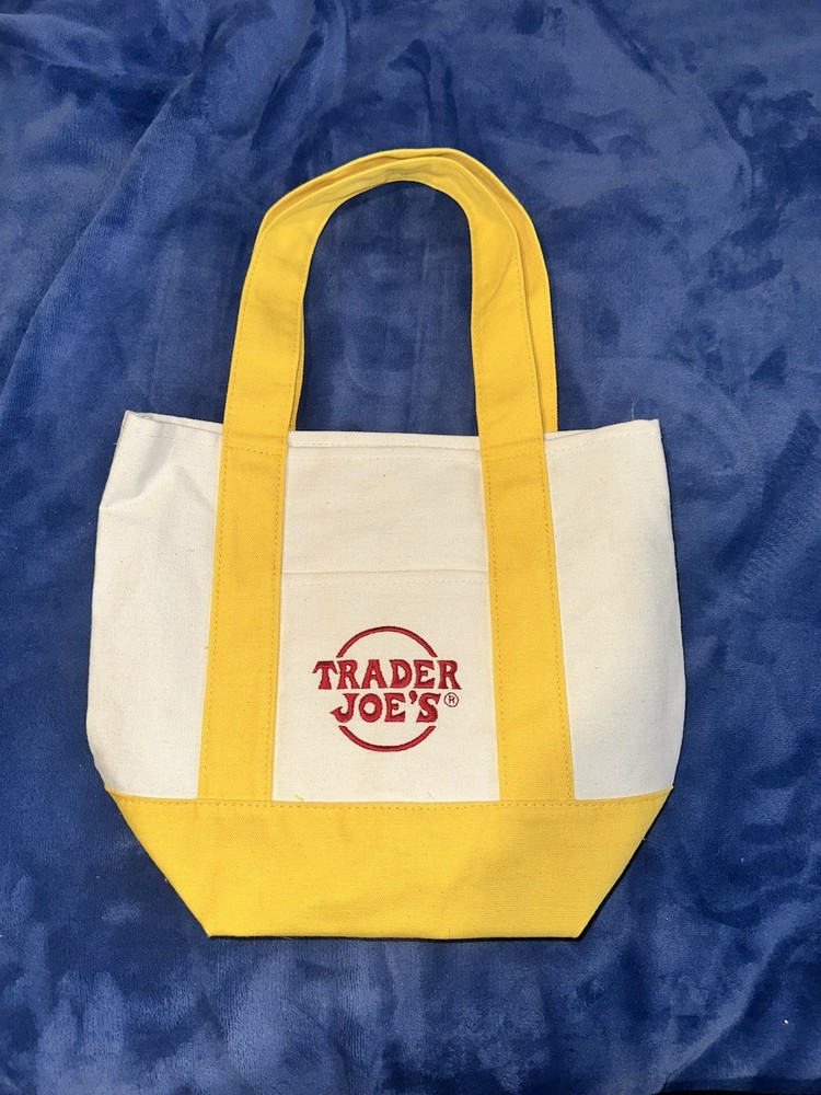Trader Joe’s Canvas Reusable Shopping Bag Tote Yellow White Color Block Foldable