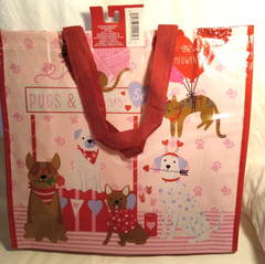 TWO Valentine’s Day Cats & Dogs Pugs & Kisses Reusable Tote Bags Size 14″x 14″