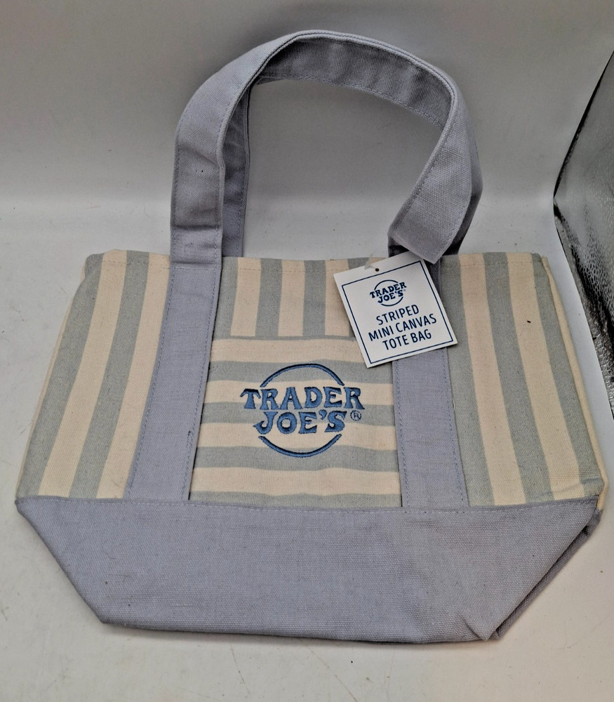 Trader Joe’s Limited Mini Canvas Pastel Striped Tote Bag 2026 Light Blue