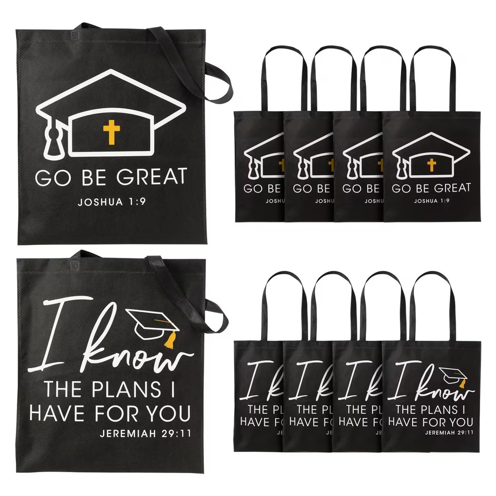 15″ x 17″ Large Religious Graduation Black Nonwoven Tote Bags – 12 Pc.