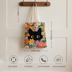 Black Cat Canvas Tote Bag – Vintage Flora & Cute Cat Print Canvas Bag with Ma…