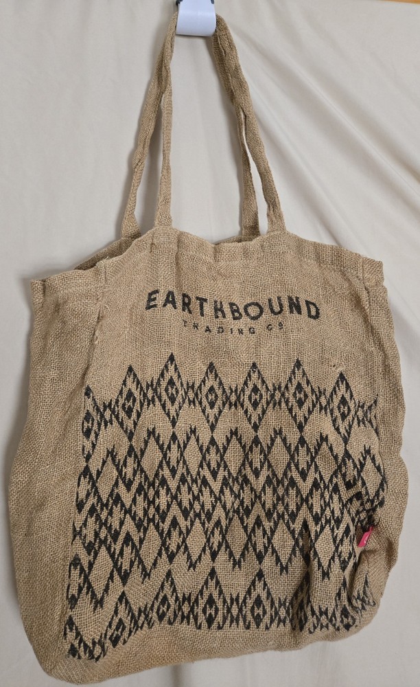 Earthbound Trading Co. Jute Burlap Shopping Bag With Black Geometric Pattern