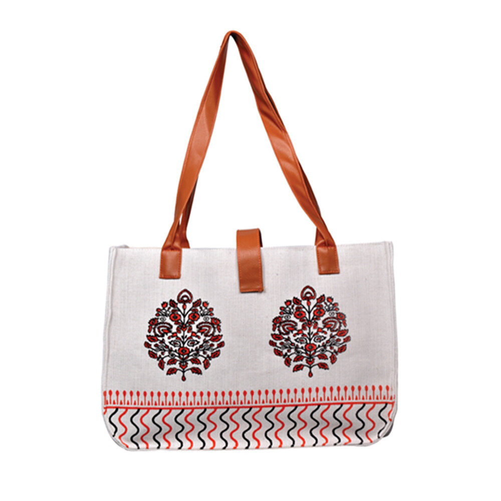 Jute Cotton Ladies Shopping & Travel Bag with Artificial Leather handle