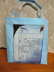 UPCYCLE It’s a Feathered Frenzy -Bird Seed Blue Recycled Feed Bag Grocery Tote