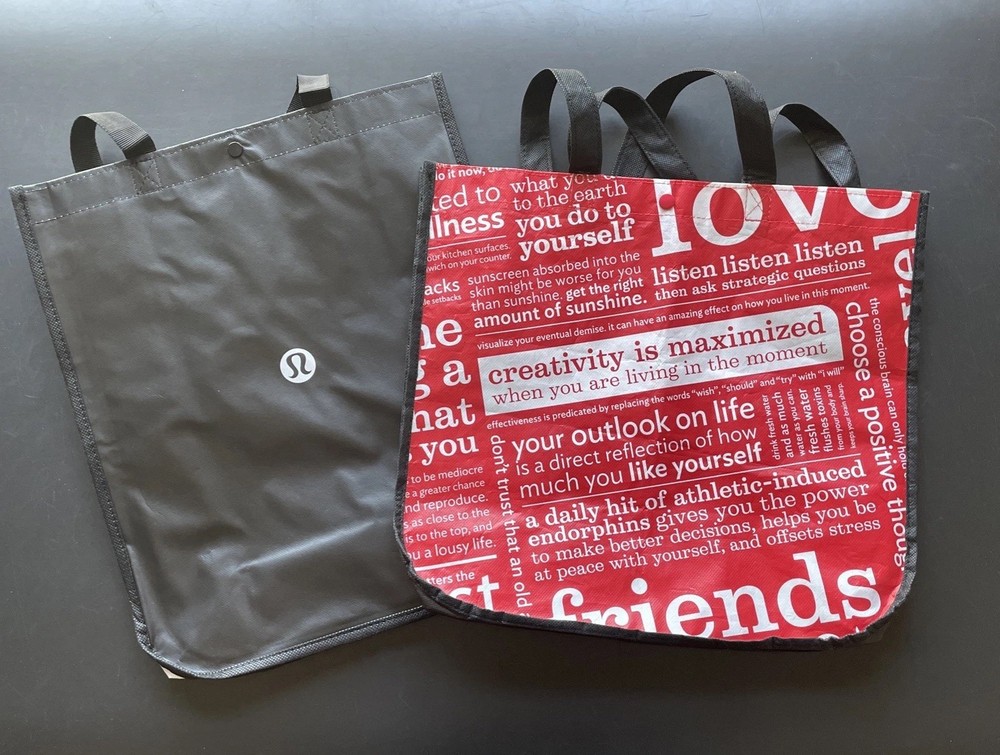 Set Of 2 Lululemon Large/Middle White Black Red Light Reusable Shopping Bags New