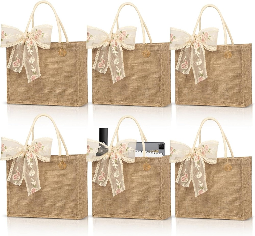 Burlap Jute Tote Bags W/ PE Lined Water-Resistant Interior 13x9x5 Inch Reusable