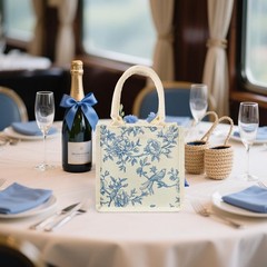 6 Pcs Chinoiserie Burlap Tote Bags Blue White Floral Bird Jute Bag Reusable B…