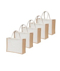 White Jute Burlap Tote Bags Pack of 5 with Handles Reusable Grocery Bag