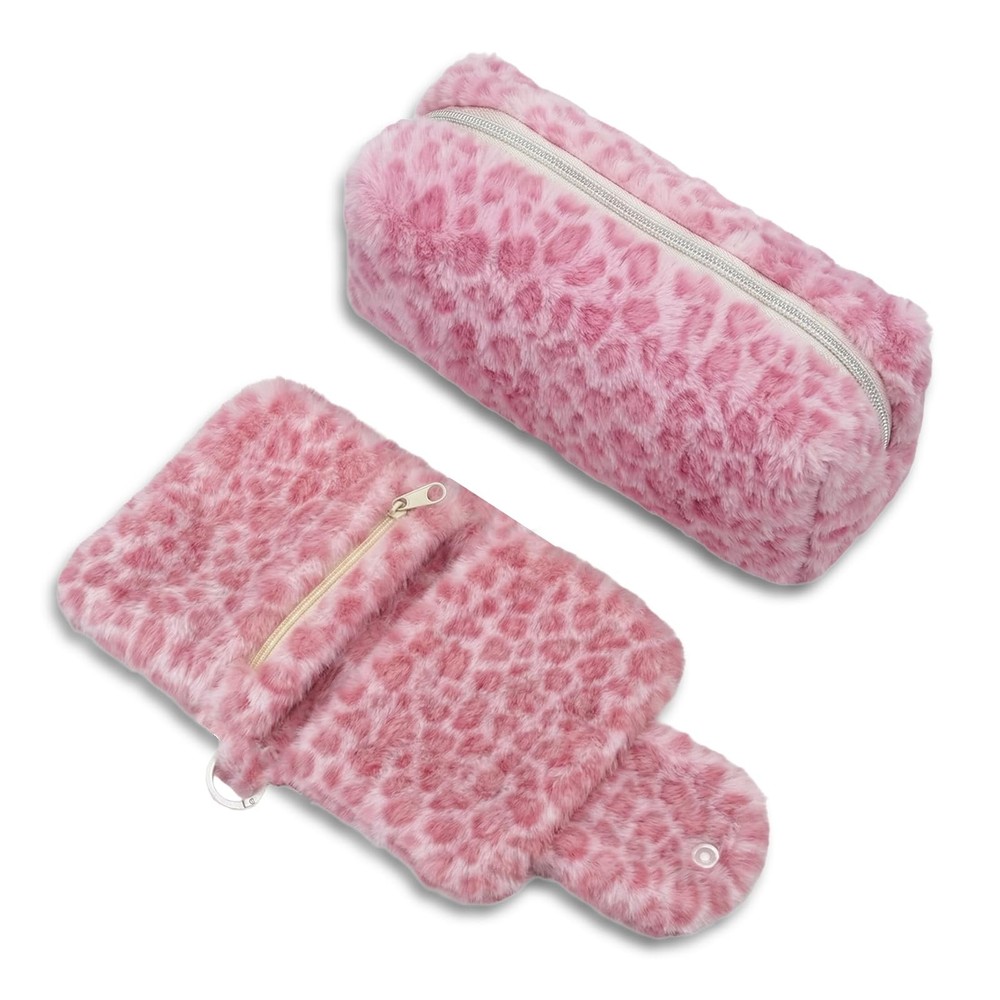 Krdrgey 2Pcs Fluffy Leopard Pencil Case Set, Cute Fuzzy Makeup Bag dark pink