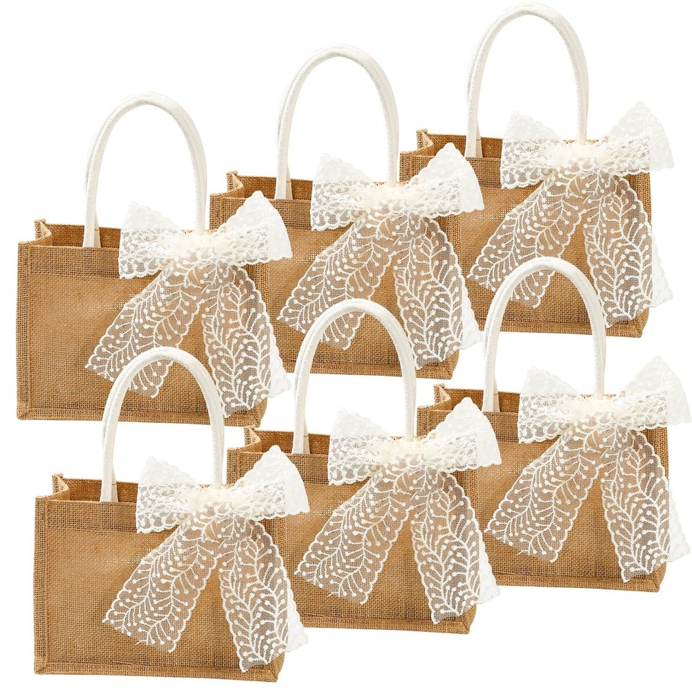 6 Pack Reusable Burlap Tote Bags – With Handles, White Silk Ribbons, Thank Yo…