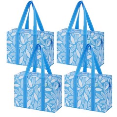 4 Pack Reusable Grocery Bags With Zipper Heavy Duty Hard Bottom Foldable