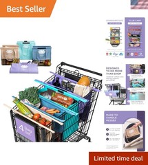Lotus 4-Pack Detachable Reusable Grocery Bags with Insulated Tote & Wine Holder