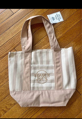 Trader Joe’s Mercantile Mini Canvas Tote Bag Beige/Pink Stripe 13x10x6 in New