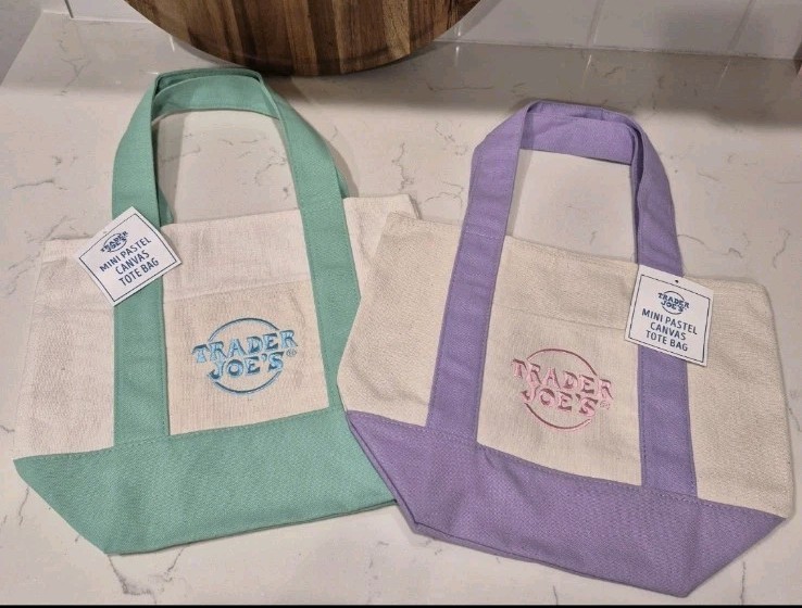 Set of 2 – Trader Joe’s Mini Pastel Canvas Tote Bag- Purple & Green – Viral