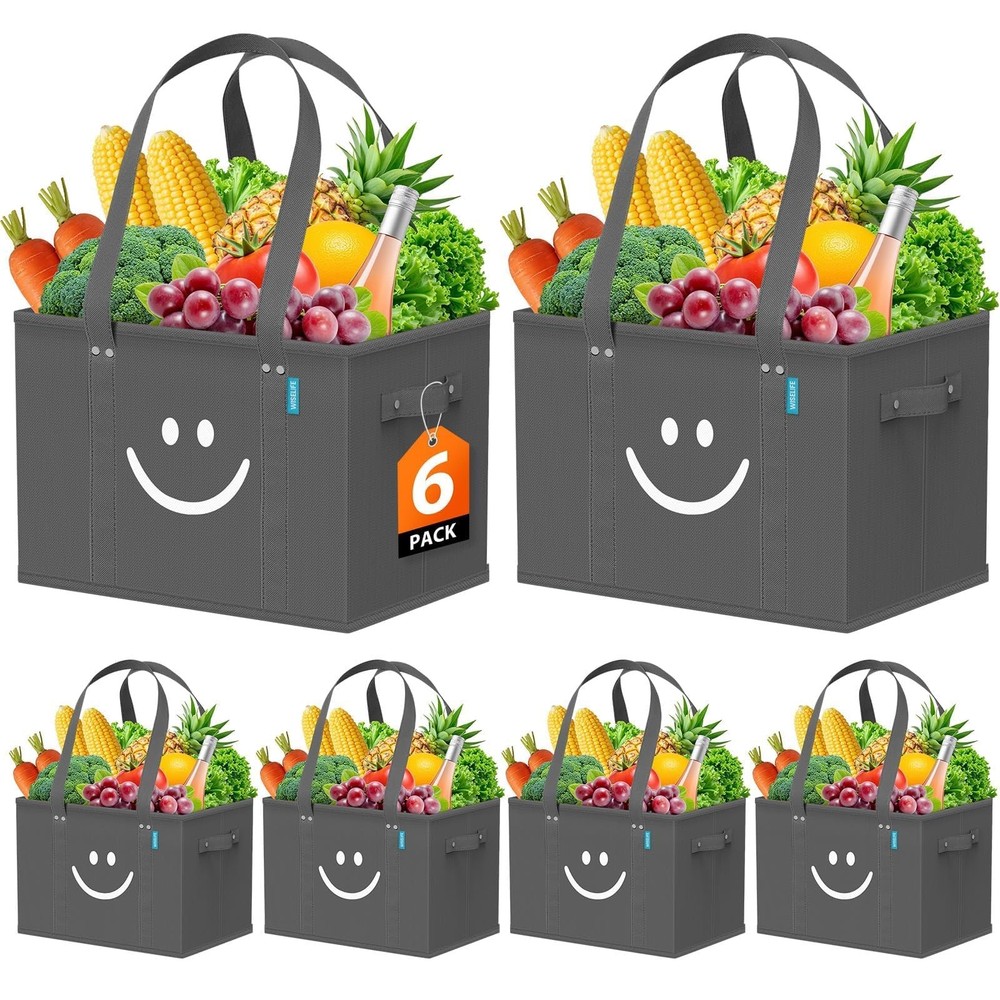 6 PCS Grey Reusable Grocery Bags Collapsible Tote Shopping Sturdy Handles
