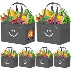 6 PCS Grey Reusable Grocery Bags Collapsible Tote Shopping Sturdy Handles