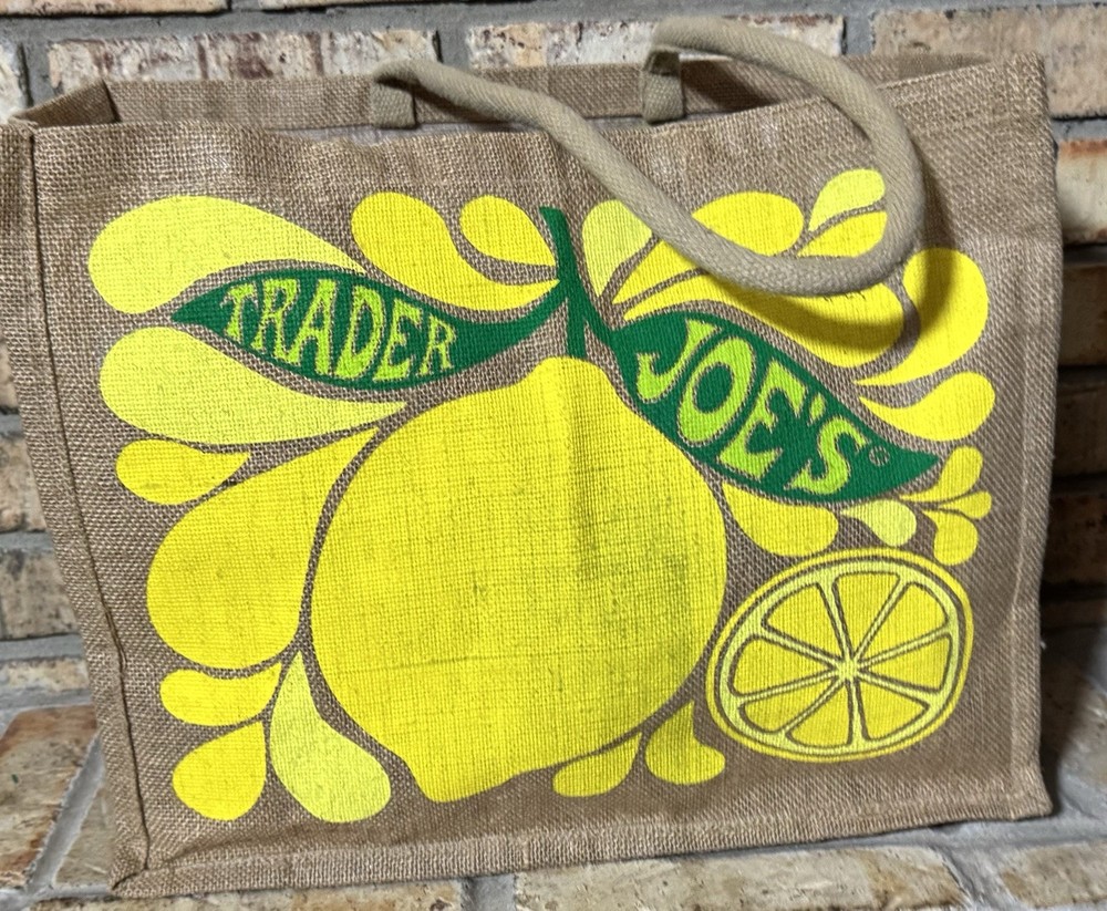 Trader Joe’s Foldable Jute Reusable Shopping Bag Lemon Lime Brown Yellow Green