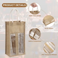 1 Pcs Wine Tote Bag, Wine Gift Bags with 2 Clear Windows for 2 Wine Bottles