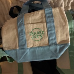 Trader Joe’s Mini Pastel Canvas Tote Bag Blue Beige Colorblock Small Foldable