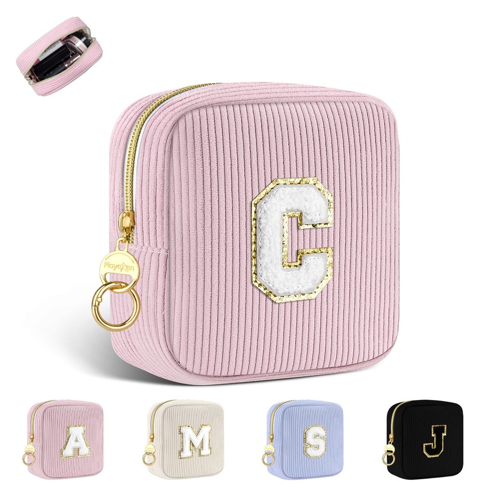 Playexen Small Initial Makeup Bag, Pink Corduroy Personalized Letter C