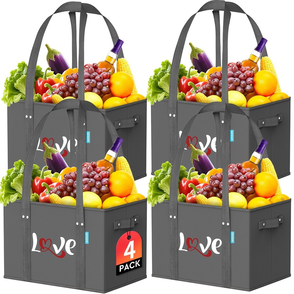 Reusable Grocery Bags Heavy Duty Foldable Shopping Tote Handles Bottom 4 PCS