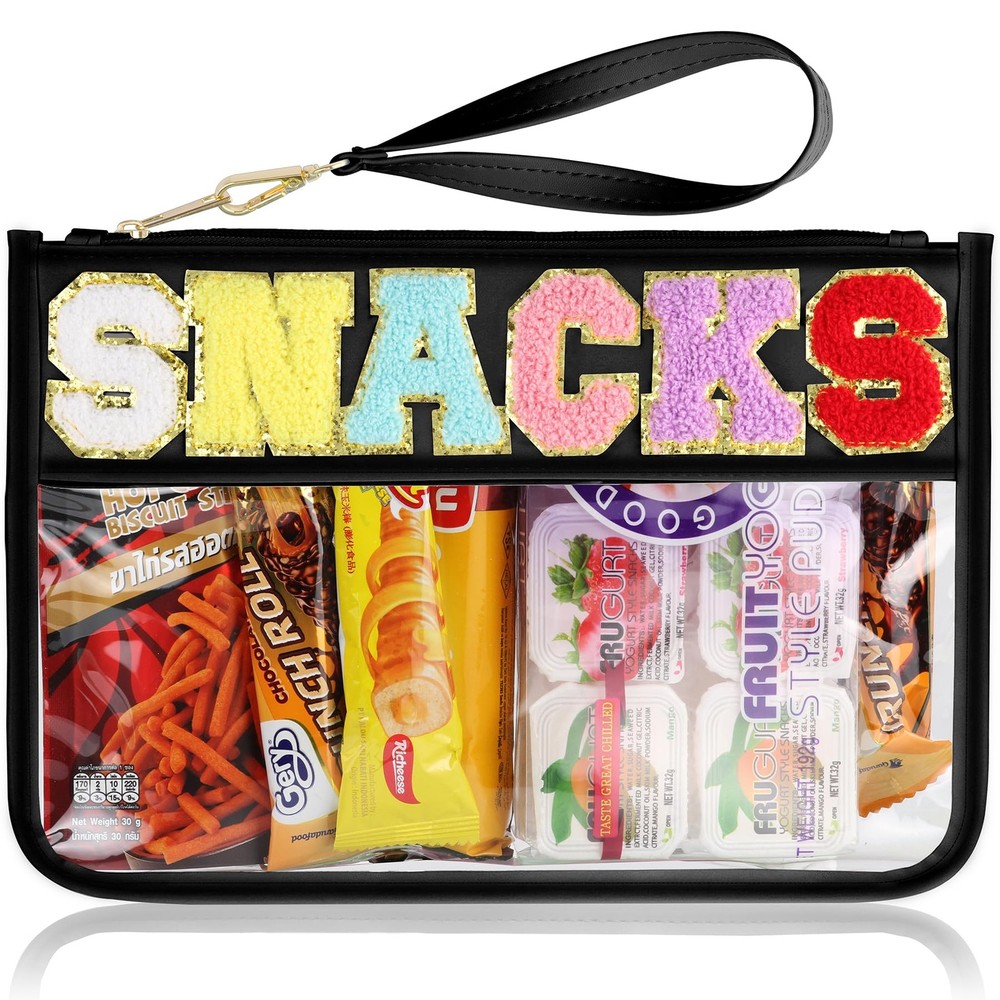 Snack Bag for Travel – Clear Chenille Varsity Letter Flat Medium, Snack-Black
