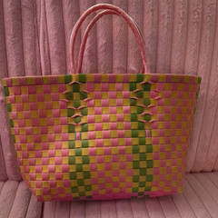Large Foldable Plastic Checked Reusable Shopping Bag Pink Yellow Green 14x6x10in