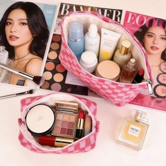 FFpaw 3Pcs Makeup Bag Set for Women, Checkered Cosmetic Travel Pink