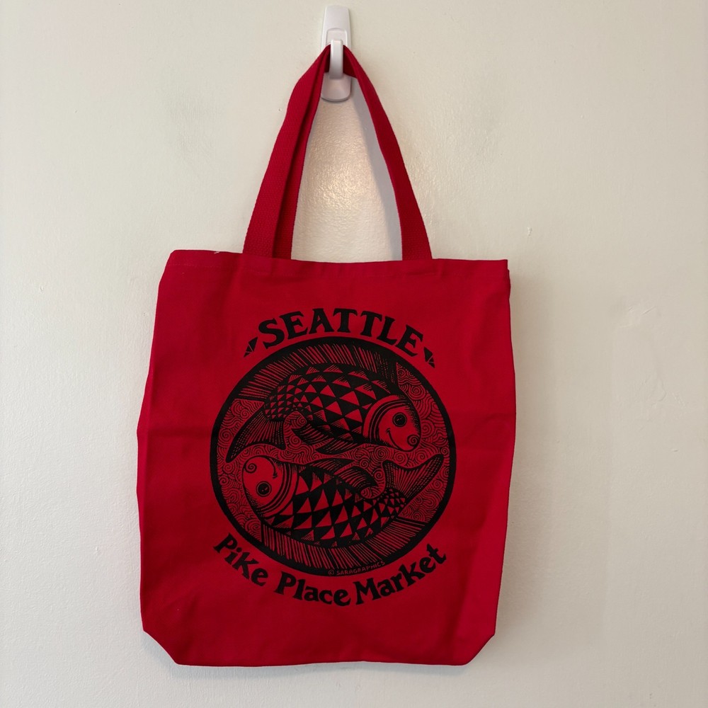 Seattle Pike Place Market Red Black Tote Bag Yin Yang Fish