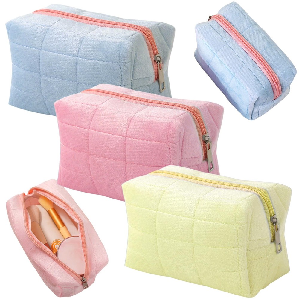 KuuGuu 3 PCS Checkered Cosmetic Bag Plush Makeup Large Pink, Blue, Yellow
