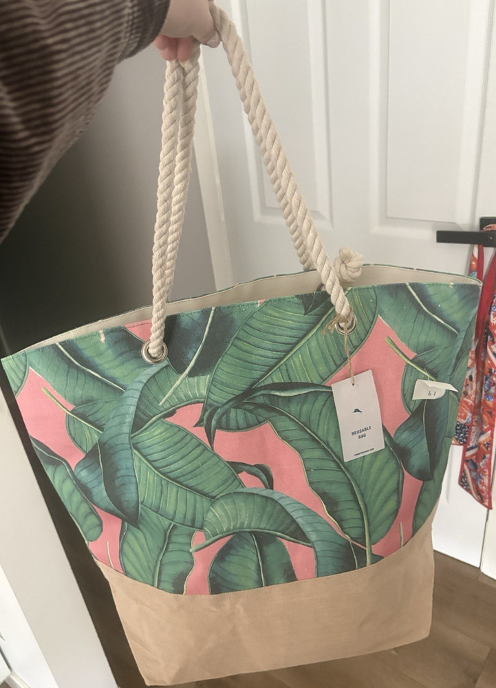Large Tropical Leaf Print Reusable Shopping Tote Bag Tommy Bahama Rope Handles
