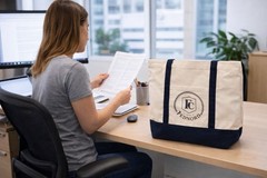 FEDNORD Large Beige/Purple Logo Canvas Reusable Shopping Tote Bag 15in