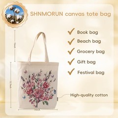 Canvas Tote Bag with Zipper Pockets Vintage Flowers Cute Natural Life Gifts G…