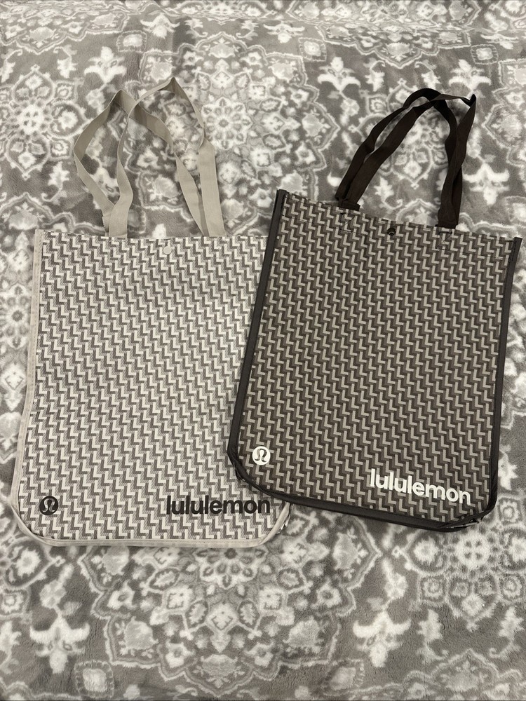2 New Lululemon Large Reusable Shopper Tote Bag Limited Edition Ivory And Brown