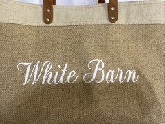 White Barn Burlap Tote Bag Brown Leather Handle Approximately 17x12x6”